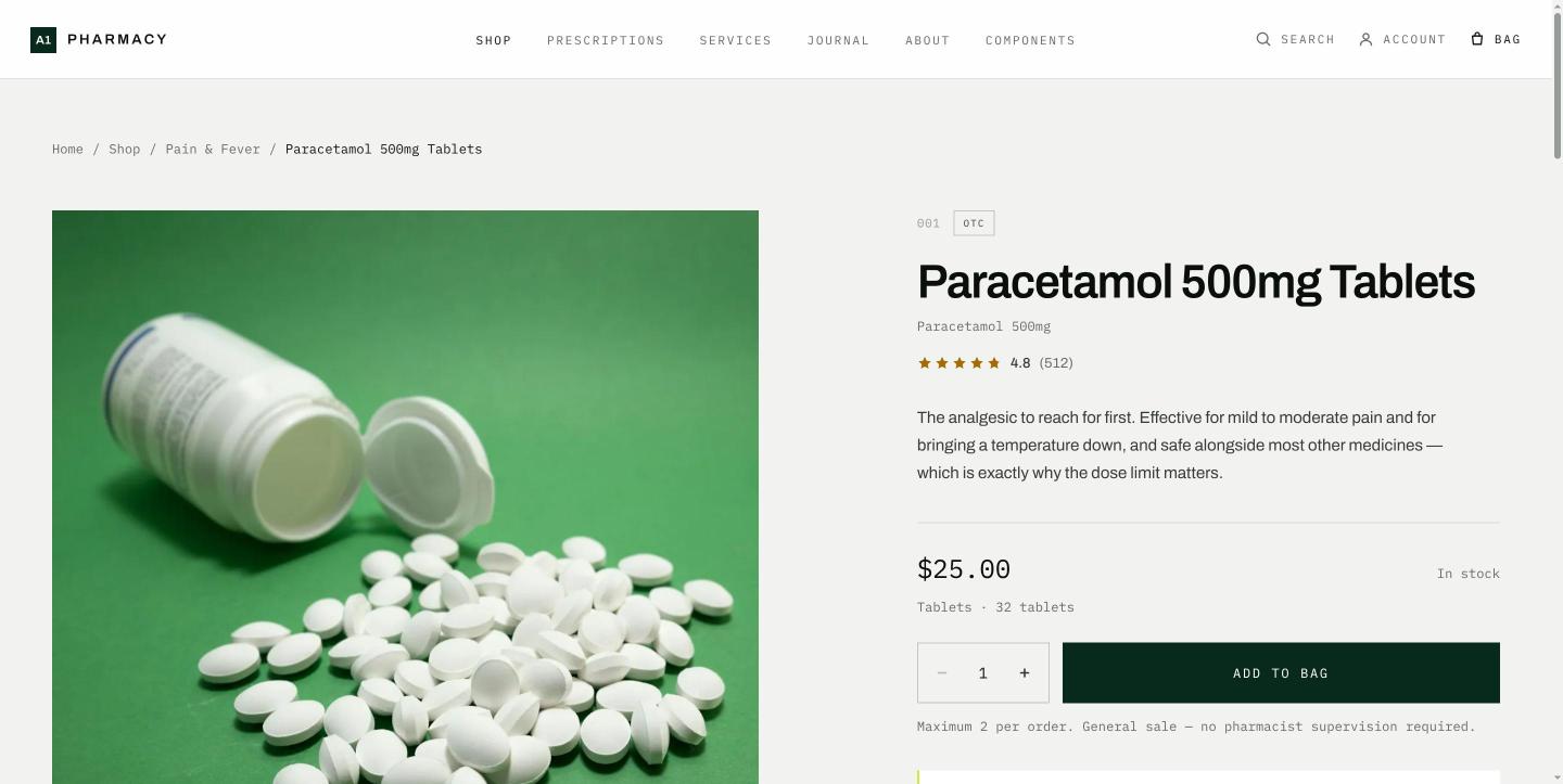A product page showing a large packshot beside price, dose limit and a pharmacist's note
