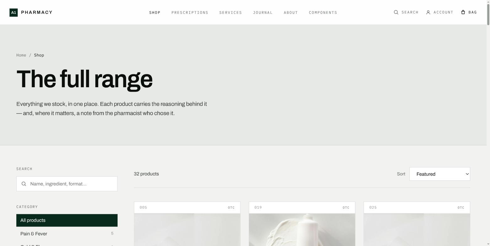 The shop page, showing category filters beside a grid of product cards